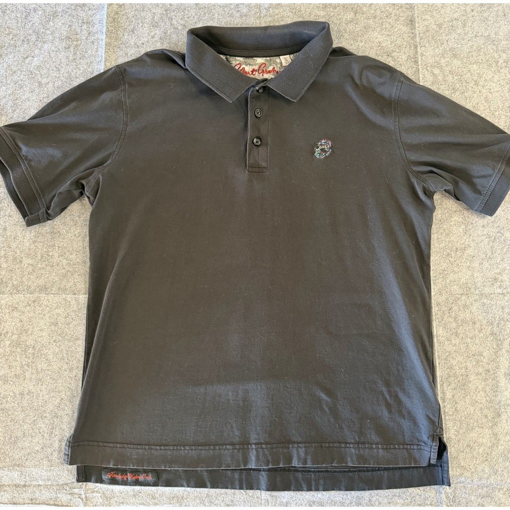 robert graham ss black three button polo shirt, skull design, men's medium
